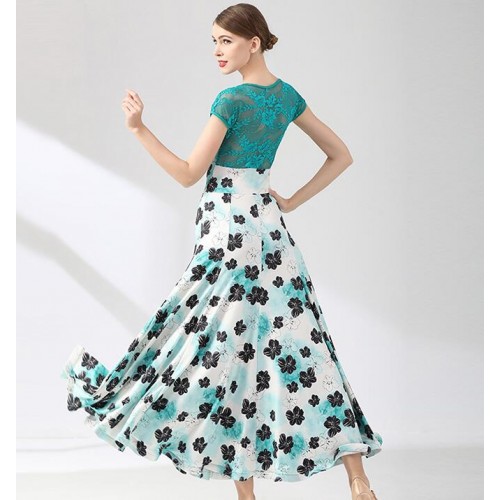 Turquoise blue lace flowers ballroom dance dresses for women girls waltz tango smooth foxtrot dance dresses ballroom dance skirt for ladies